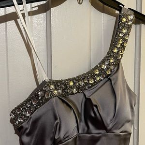 Silver one shoulder medium length formal dress